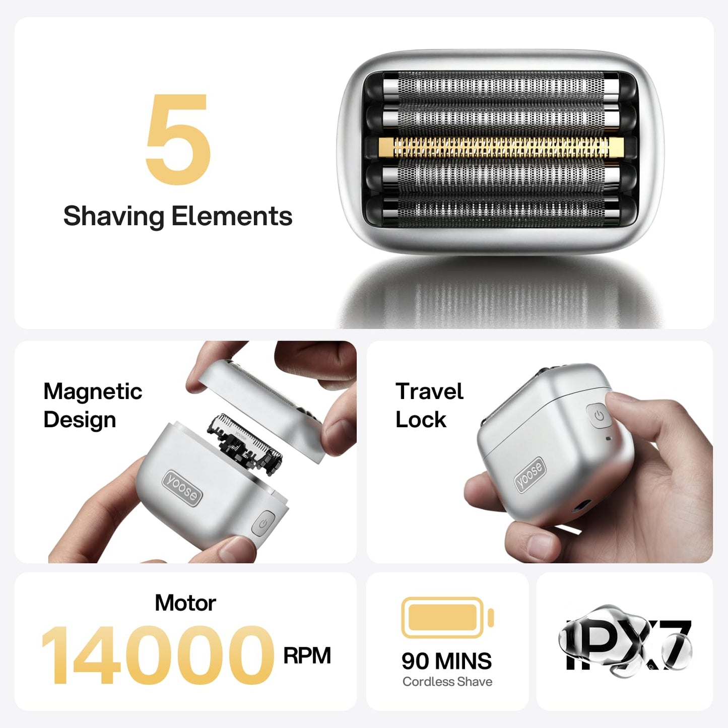 yoose MINI5 Foil Shaver, Portable Electric Razor for Men, Magnetic 5-Blade Cutting Head, IPX7 Waterproof, USB-C Rechargeable, 90 Min Cordless Dry Shave, Electric Shaver with Pouch, Silver