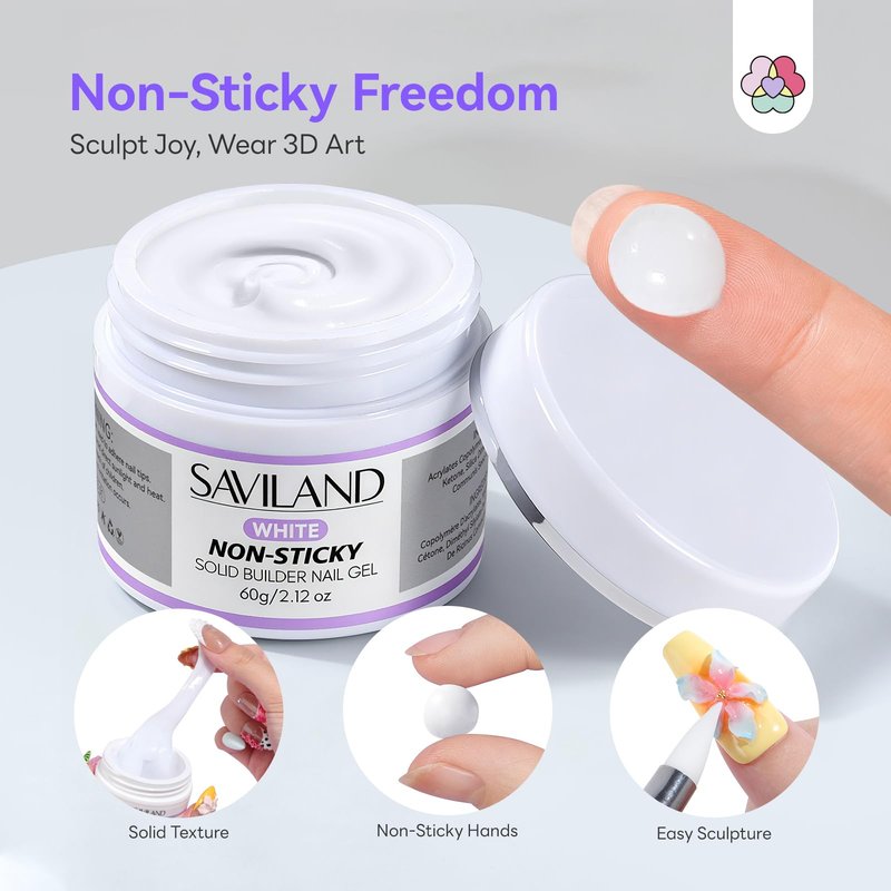 SAVILAND White Solid Builder Nail Gel Kit: Non-Sticky 60 g Sculpture Gel for Nail Art with Chrome Powder Sequins Sculpture Pen Non-Wipe Extensions 3D Nails Art Designs DIY Home