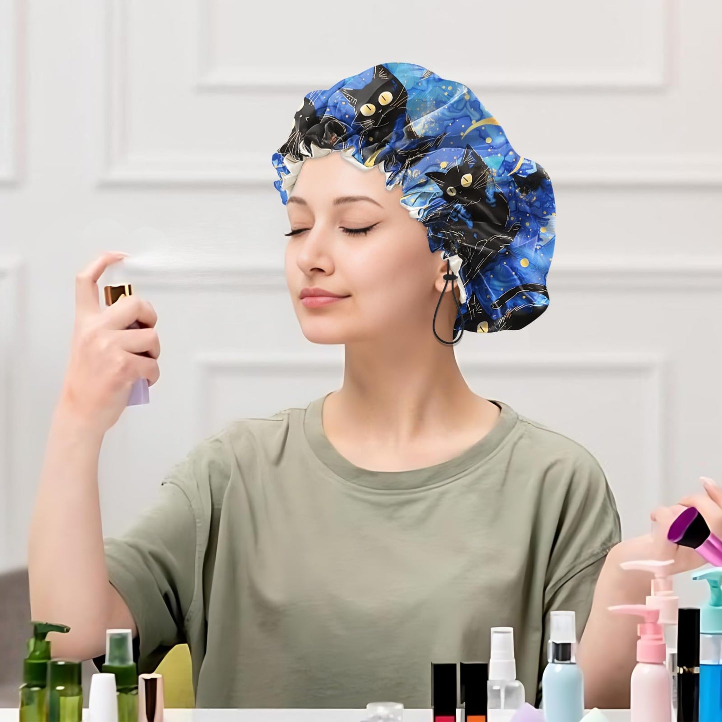Cabreche Luxury Shower Cap Satin Silk Lined Adjustable Elastic Reusable Waterproof Shower Bath Cap Cute for Women Girls-Black Cat Blue