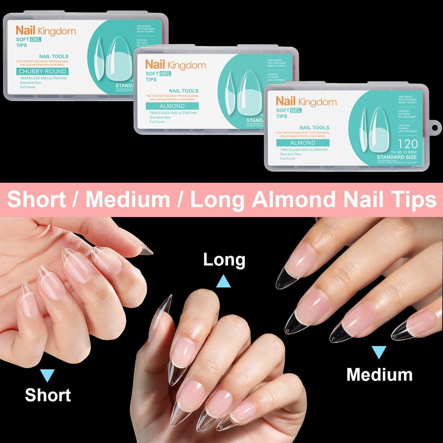 Soft Gel Short/Medium/Long Almond Nail Tips Kit 3 Boxes 360Pcs, Full Cover Pre-etching Acrylic False Nails for Small and Flat Nail Bed Home Manicure Extension DIY Salon Clear Press On Nails, BlueZOO