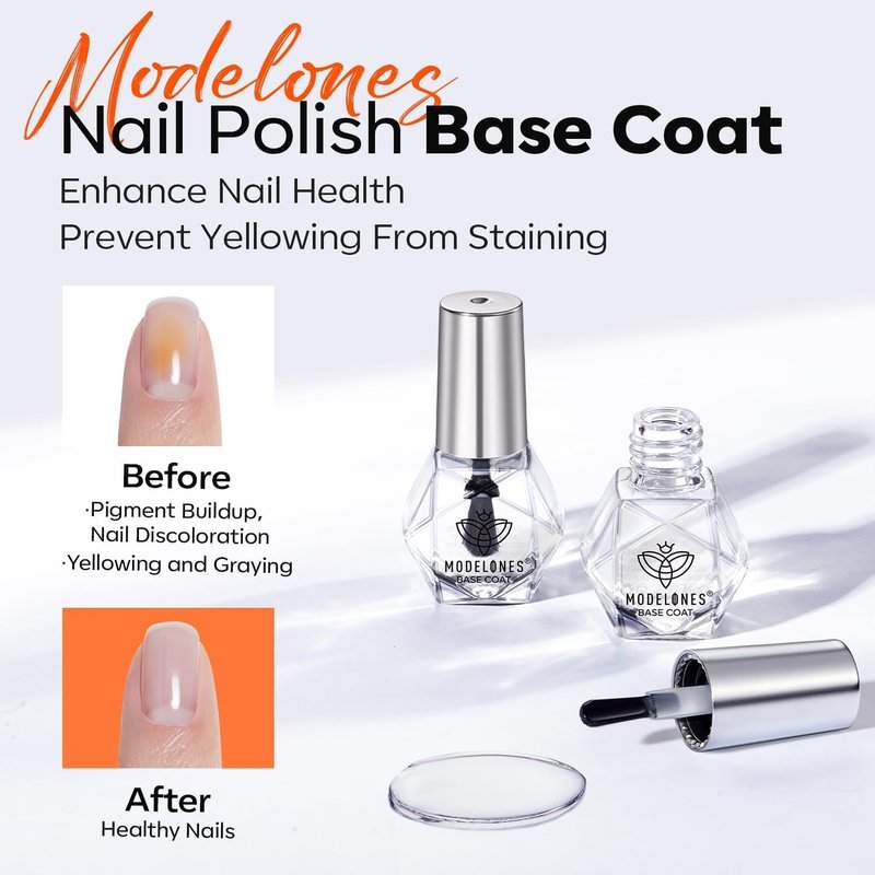 modelones 2 Pcs No Wipe Top Coat and Base Coat Nail Polish Set, Clear Quick Dry Nail Polish High Shine Long Lasting Glossy Regular Nail Lacquer Air Dry Fast Base Top Coat Gifts for Women Nail Art 5 ML