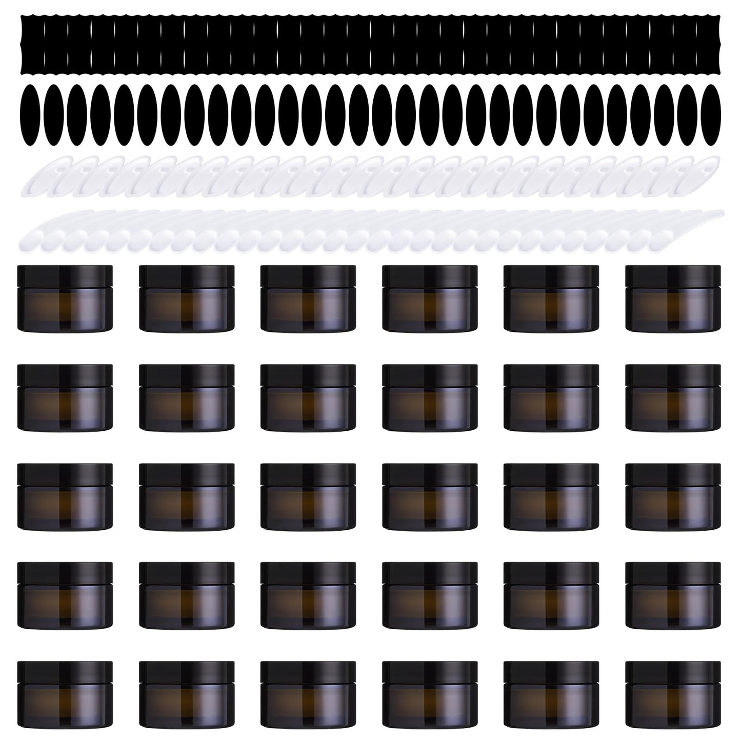 Yauhar 120Pcs 30g Amber Glass Jars Assortment Kit with Inner Liners and Black Lids, Spoons and blank labels for Storing Lip and Body Scrub, Lotion, Body Butter, Bath Salts