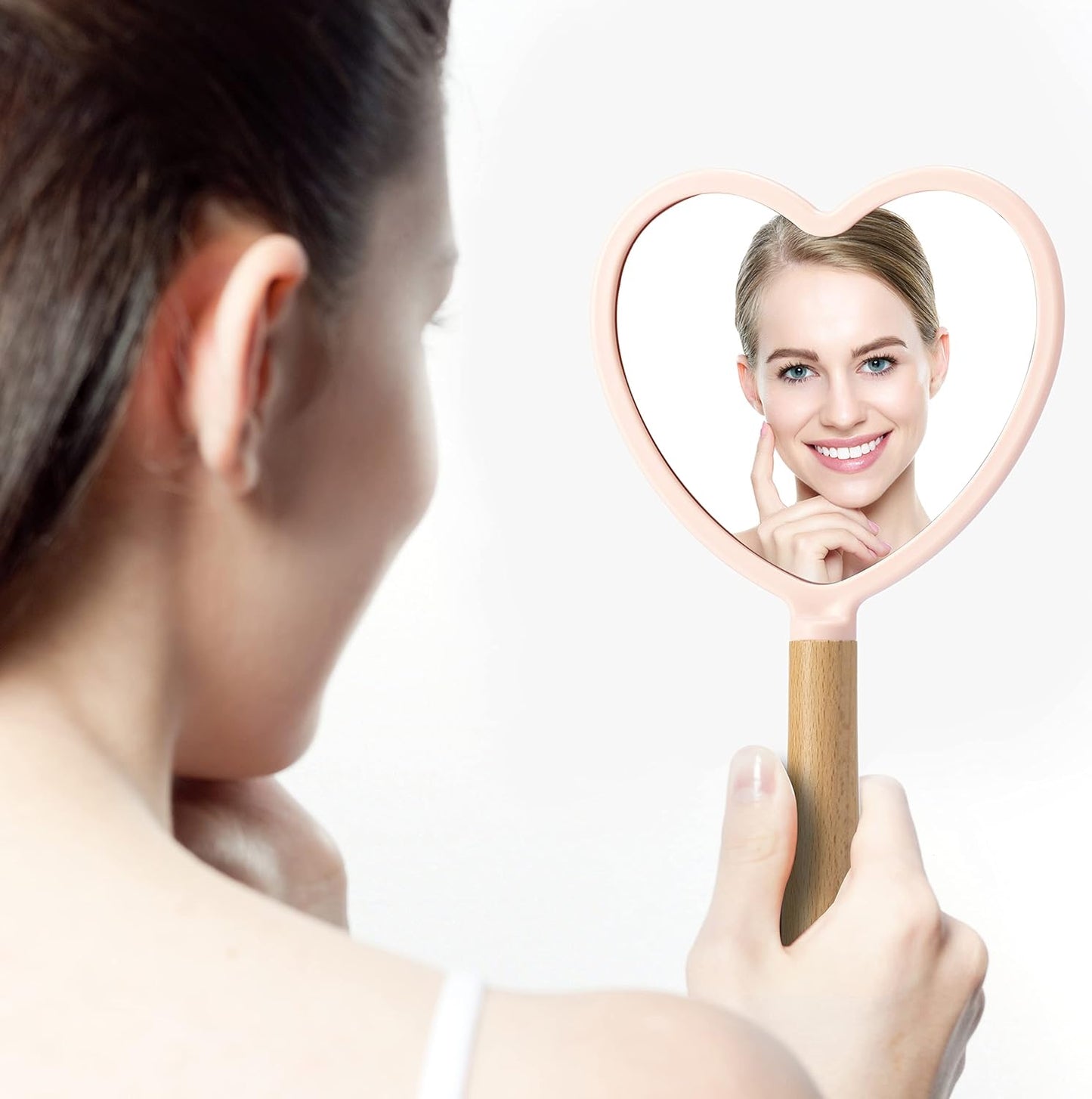 YEAKE Hand Held Mirror with Handle for Makeup,Small Cute Wood Hand Mirror for Shaving with Hole Hanging Single-Sided Portable Travel Vanity Mirror for Men&Women(Heart,Pink,1Pack)