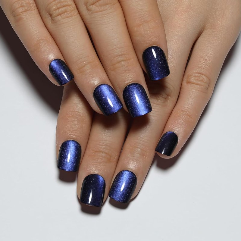 Dark Blue Press On Nails - Short Cat Eye Fake Nails with Color-Shifting Glow | 30 Nail Kit, Reusable, 15 Sizes, Thick Glue