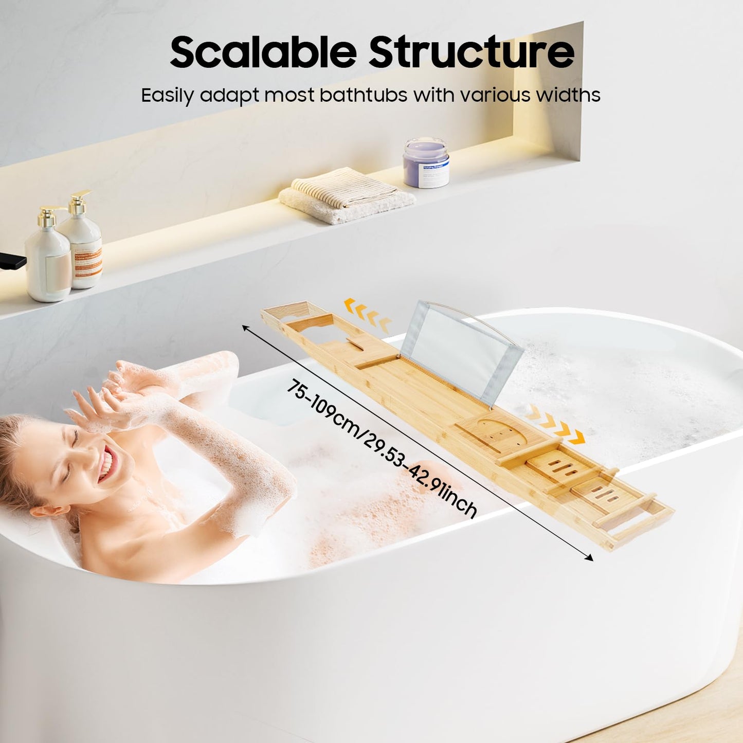 Bathtub Tray Caddy, Expandable Bamboo Bath Tray Waterproof Bamboo Bathtub Trays Bathroom Organizer for Housewarming, Anniversary, Wedding