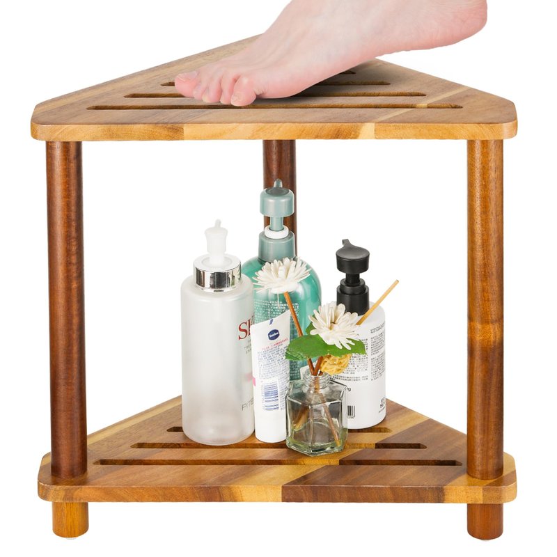 OKLILIYA Corner Shower Stool, Shower Foot Rest for Shaving Legs, Small Shower Acacia Wood Waterproof Shower Bench for Inside Shower Spaces (Corner Stool 03)