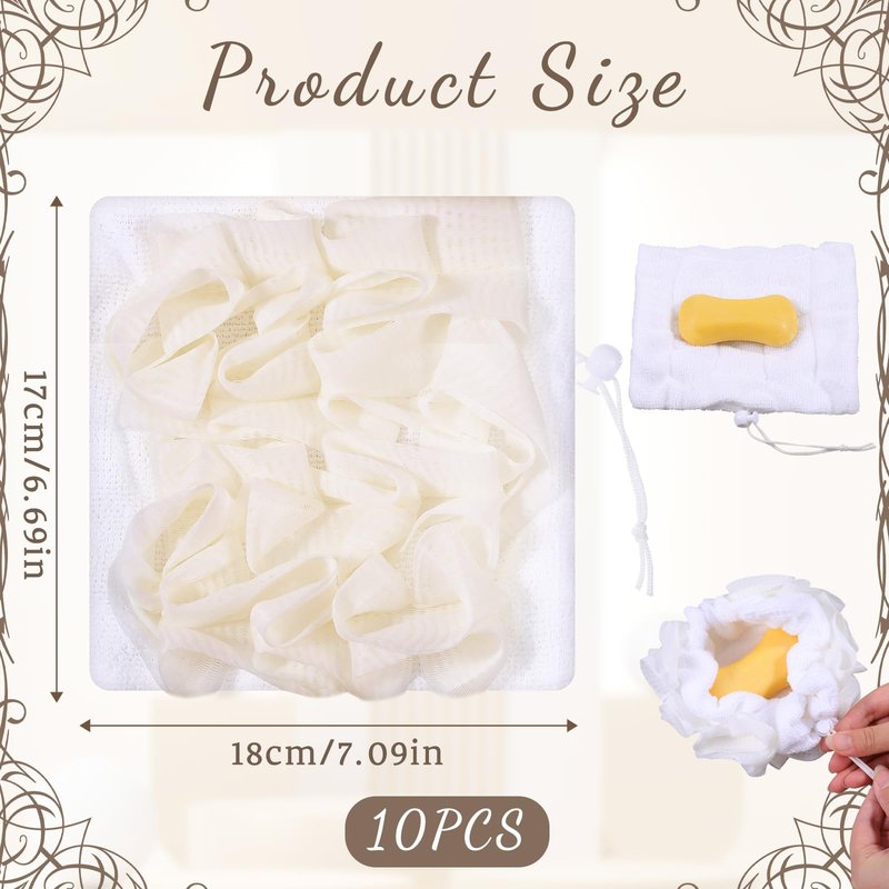 Oqqlin 10 Pack Soap Bar Loofah, 2 in 1 Drawstring Bar Soap Loofah Pouch Exfoliation Mesh Shower Ball for Body Wash and Smooth Skin (Beige, White)