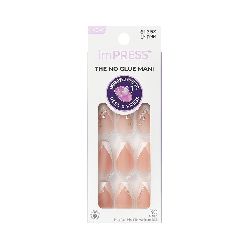 Kiss Impress No Glue Mani Press On Nails, French, 'Glimpse', White, Medium Size, Coffin Shape, Includes 30 Nails, Prep Pad, Instructions Sheet, 1 Manicure Stick, 1 Mini File