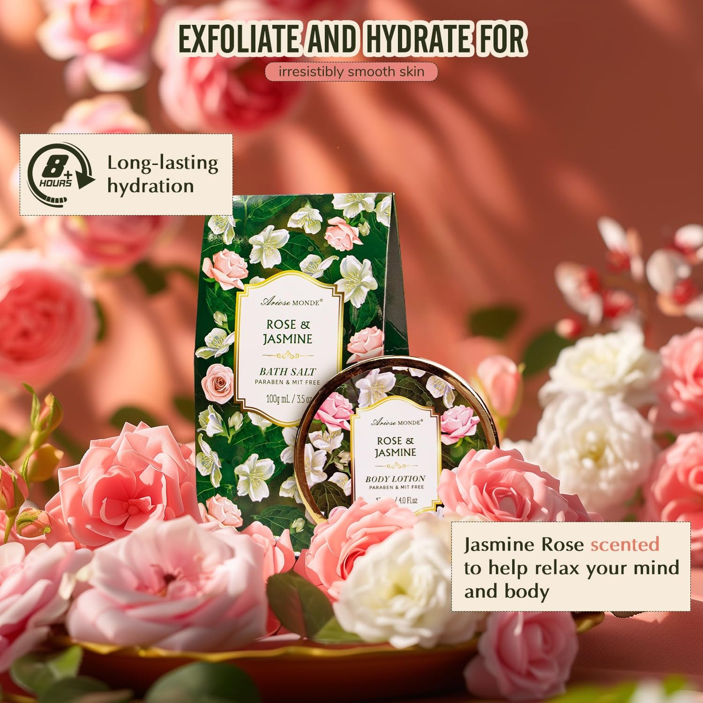 Gift Basket for Women - 8 Pc Rose & Jasmine Beauty & Personal Care Set - Home Bath Pampering Package for Relaxing - Spa Self Care Kit - Thank You, Birthday, Mom, Anniversary, Christmas Gift