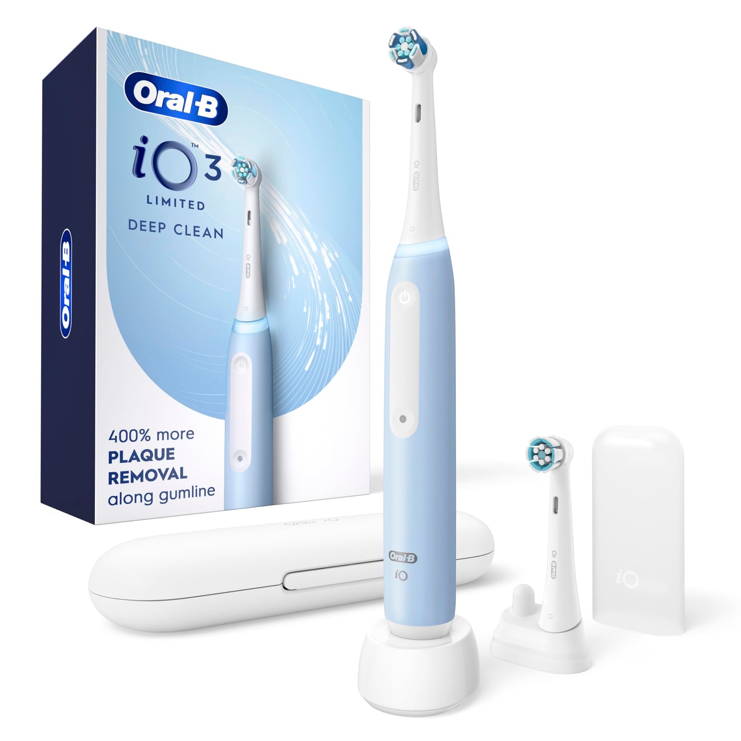 Oral-B Rechargeable Electric Toothbrush, iO3 Limited Deep Clean, 3 Cleaning Modes, Visual Pressure Sensor to Protect Gums, 2 Brush Heads, Travel Case, ICY Blue