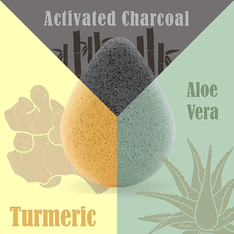 myHomeBody Natural Konjac Facial Sponges – Teardrop Shape - for Gentle Face Cleansing and Exfoliation - with Activated Charcoal and Aloe Vera, Set of 4