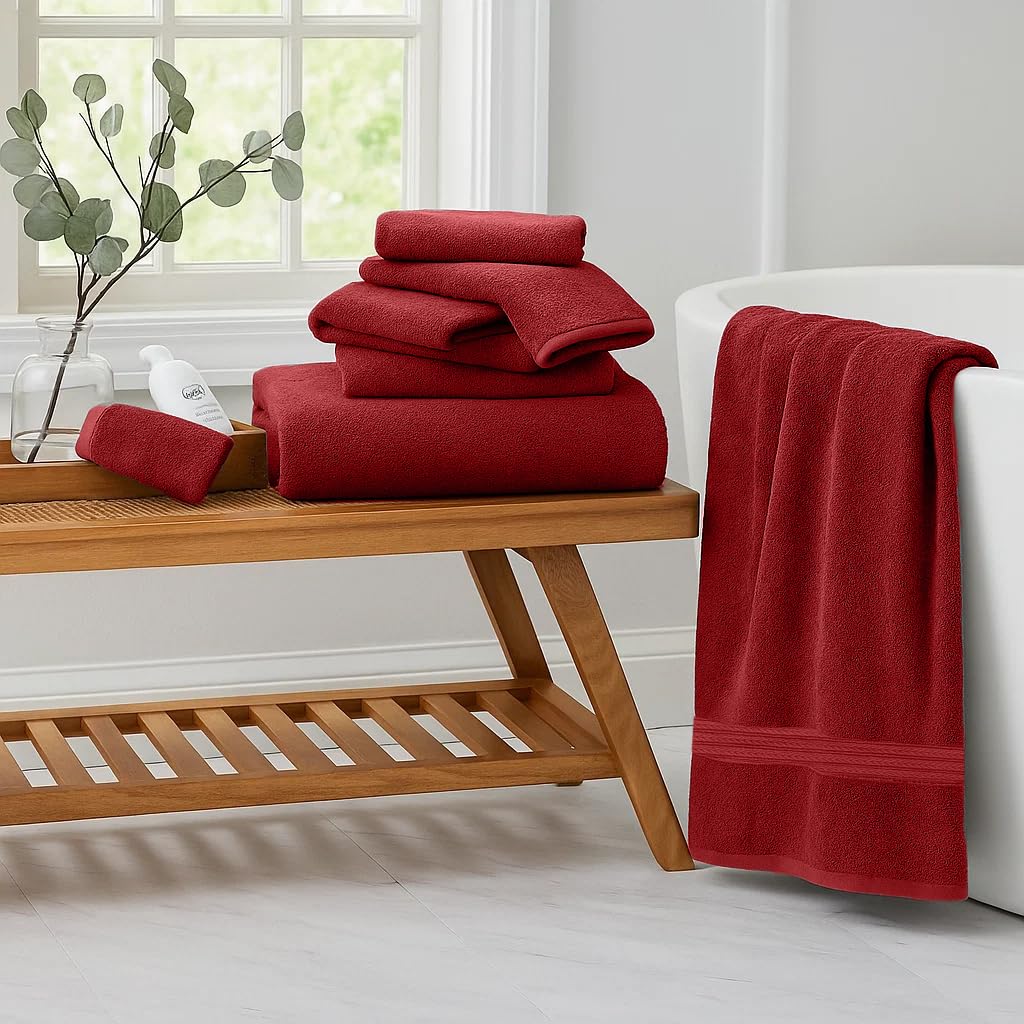 RIVERSIDE Pack of 8 Towels Set, 2 Large Bath, 2 Hand, 4 Face Washcloths, 100% Cotton Hotel Quality, Super Soft, Quick Dry, Highly Absorbent Perfect for Bathroom, Red