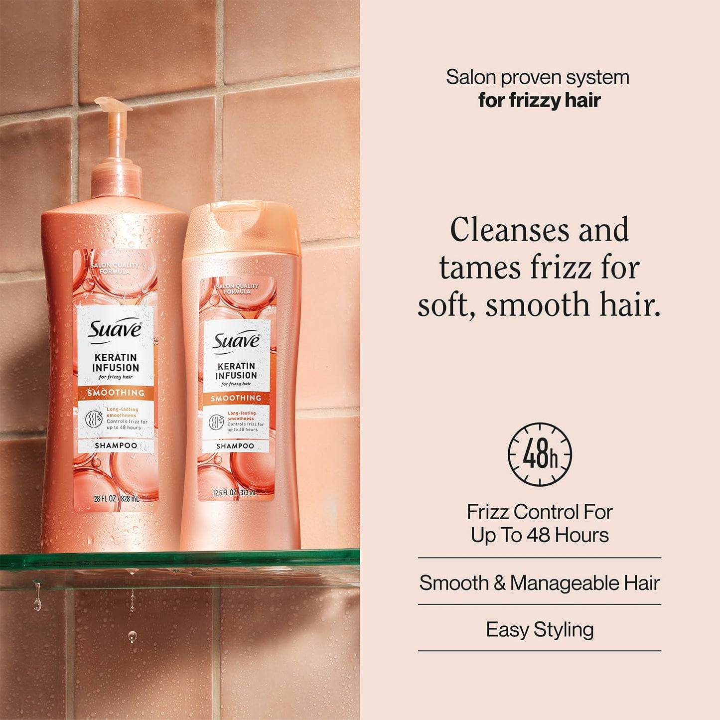 Suave Keratin Infusion Smoothing Shampoo 2-Size Bundle, Gentle Everyday Cleanser for Smooth, Manageable Hair, 48H Frizz Control