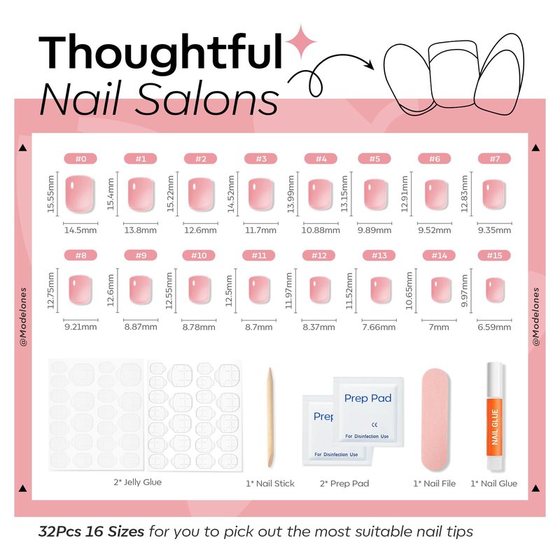 Modelones Extra Short Press on Nails, Peach Jelly Semi-Transparent Squoval Fake Nails, Reusable Nail Kit with Nail Glue Adhesive Tabs Mini Nail File, Nails Press Ons 32Pcs 16 Sizes, Women Girl Gift