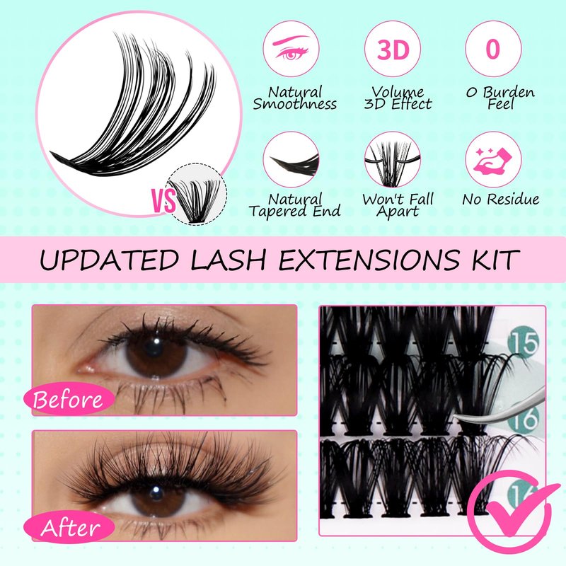 FADVAN Volume Lash Clusters Kit 280pcs DIY Eyelash Extension Kit D-curl Cluster Eyelash Extensions 40+50D Mixed Lash Kit with Eyelash Bond and Seal Remover Tweezers(40D+50D, 0.07D, 9-16mm)