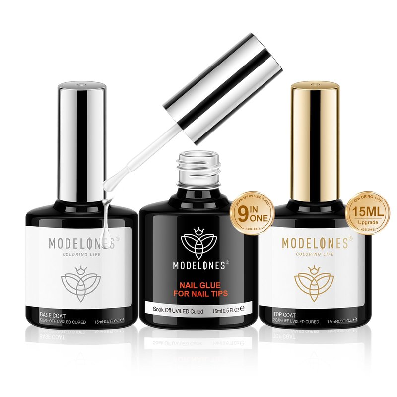 modelones X Gel Nail Glue and Top Base Coat Set, 15ML 3 PCS No Wipe Clear Gel Polish 9 in One Nail Glue for Nail Tips Press Ons Rhinestone Long Lasting Glossy Soak Off U V Manicure Gift Kit for Women