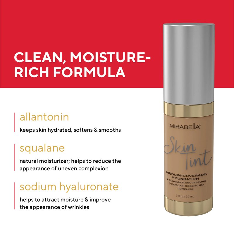 Mirabella Skin Tint Creme Liquid Foundation Makeup, Oil-Free Mineral Foundation for Medium Coverage - w/Hyaluronic Acid, Squalane, & Allantoin for All Skin Types - IIW Warm