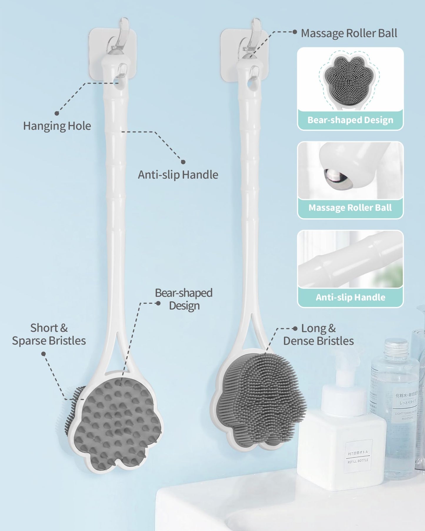 Manmihealth 15.7" Cute Silicone Back Scrubber with Long-Handle, Dual Use Back Brush for Shower with Super-Soft Silicone Bristles, Paw-Shaped Shower Body Scrubber for Sensitive Skin (Gray)