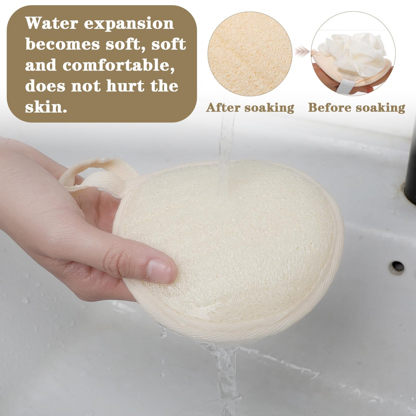 Nogeqi 2Pcs Natural Loofah Sponge with Strap, Natural Travel Loofah Gentle Exfoliating Round for Women Men Shower Bath