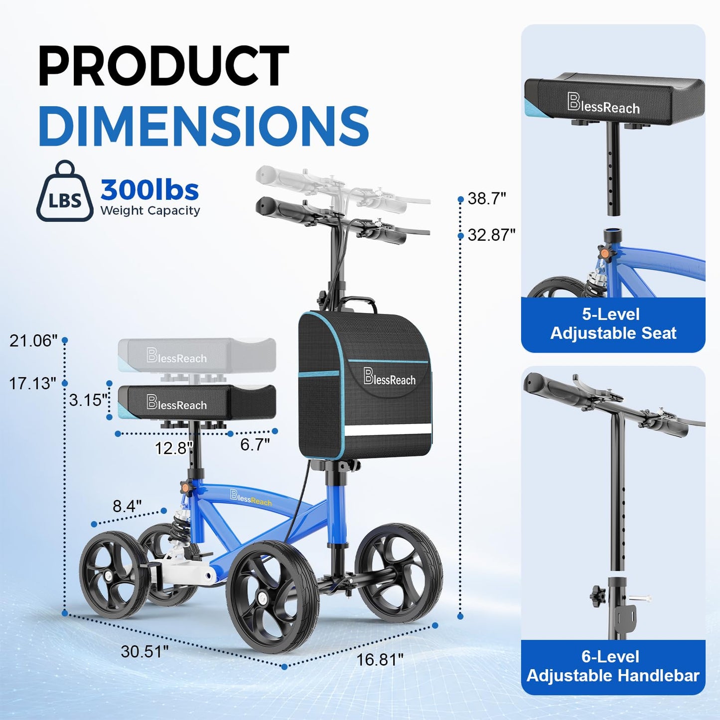 BlessReach Steerable Knee Scooter Deluxe Medical Scooter for Foot Injuries Compact Crutches, with Dual Rear on-Wheel Brake and Shock Absorption Under The Knee pad（Blue）