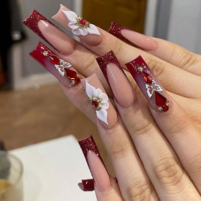 24Pcs Red French Tip Press on Nails Long Square Fake Nails 3D Flower False Nails with Glitter Butterfly Rhinestones Red Gems Design Full Cover Glue on Nail Artificial Stick on Nails for Women Manicure