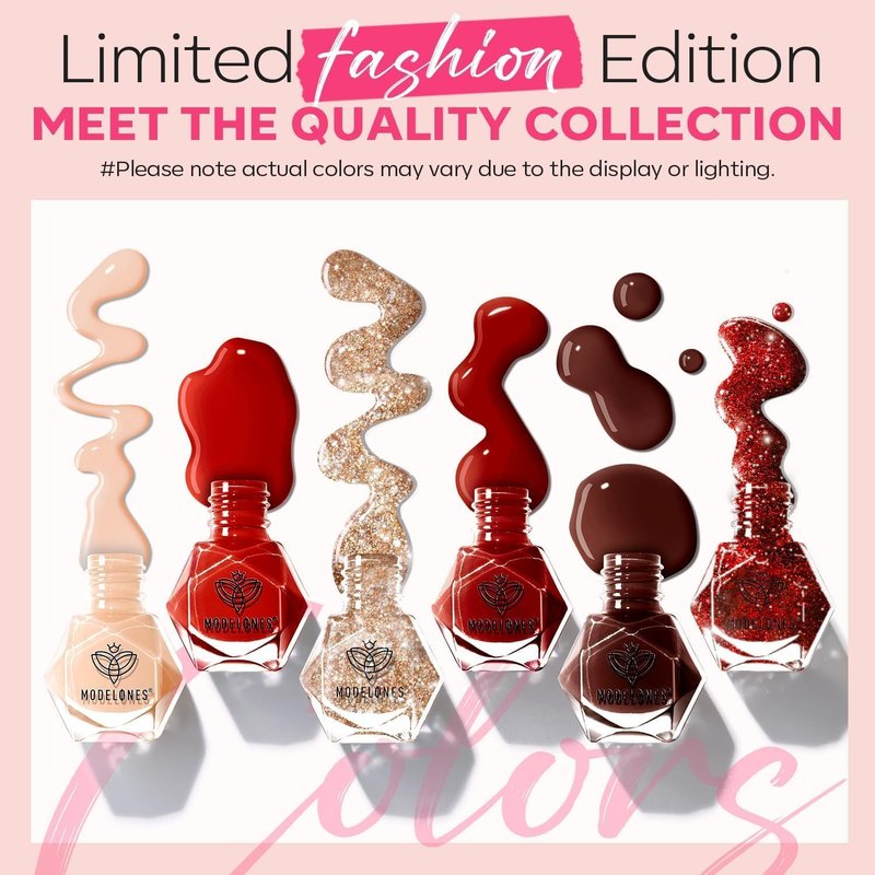 modelones Red Nail Polish Set 6 Colors,Valentines Brwon Nude Burgundy Gold Glitter Quick Dry Sparkle Mini Manicure Kit DIY Nail Art Salon Home Gifts for Women Girls