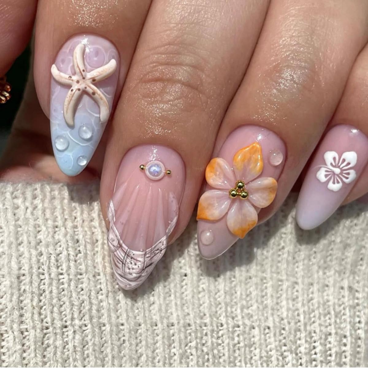 Skiennix Summer Press On Nails - Medium Almond French Tip with 3D Flower & Starfish | 24PCS Glossy Manicure Kit