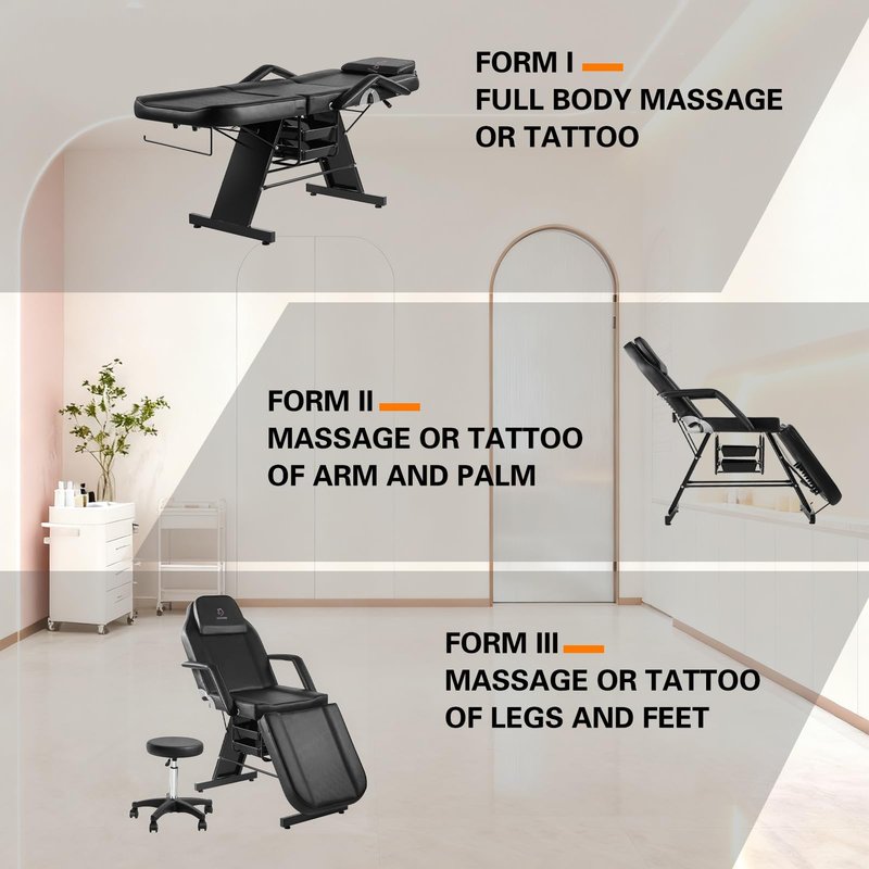 LUXMARS Facial Chair, 73 Tattoo Chair for Client, 3-Section Adjustable Massage Table with Stool, Multipurpose Beauty Beds Salon Equipment for Esthetician, Tattoo Shop, Spa (Black)