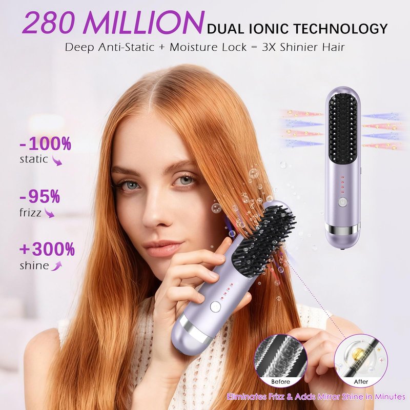 New Go Brush Pro 2026 Cordless Hair Straightener Brush, 280M Dual-Pole Ions, 1-Min MCH Fast Heat, 4000mAh 45-Min Runtime,TSA Mini& Travel,Auto Shut-Off,121 Teeth For Anti-Scald Frizz-Free Salon Smooth