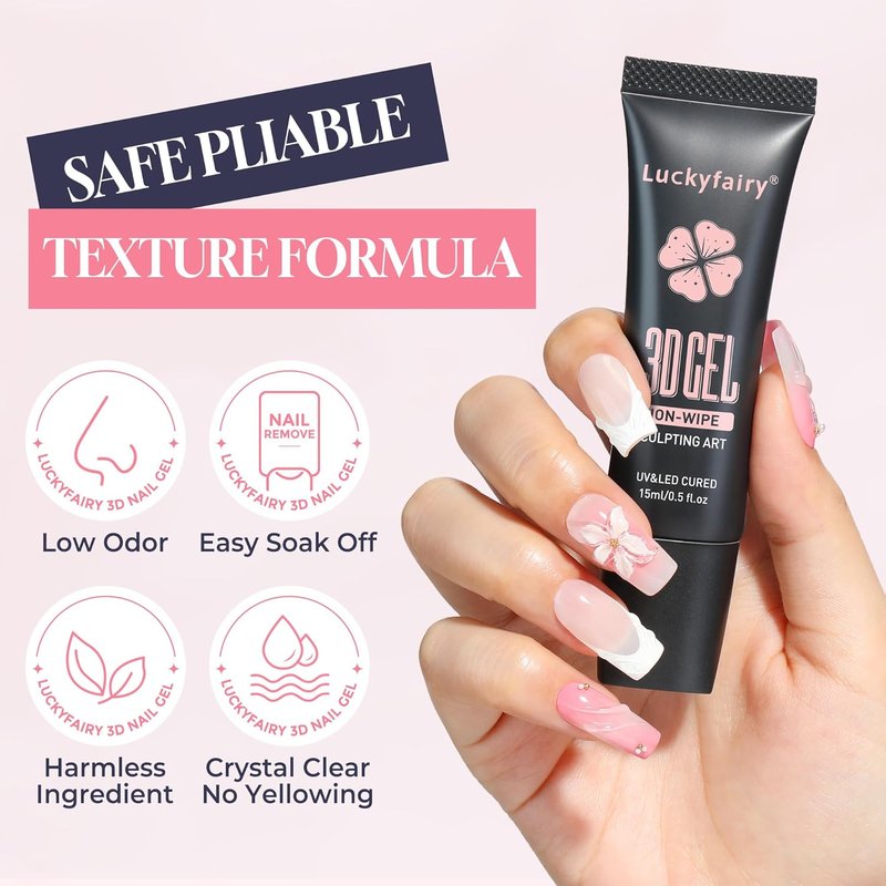 Luckyfairy 3D Gel Nail Art - 15g Sculpting Gel for DIY Nail Designs | No Wipe Clear, Molding & Chrome Powder