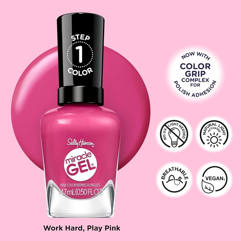 Sally Hansen Miracle Gel Supercharged Pinks Nail Polish | Salon Quality Gel-Like Formula, Two-Step System, No UV Light Needed, Long Lasting | 350 Work Hard, Play Pink | Bright Pink Crème Nail Color
