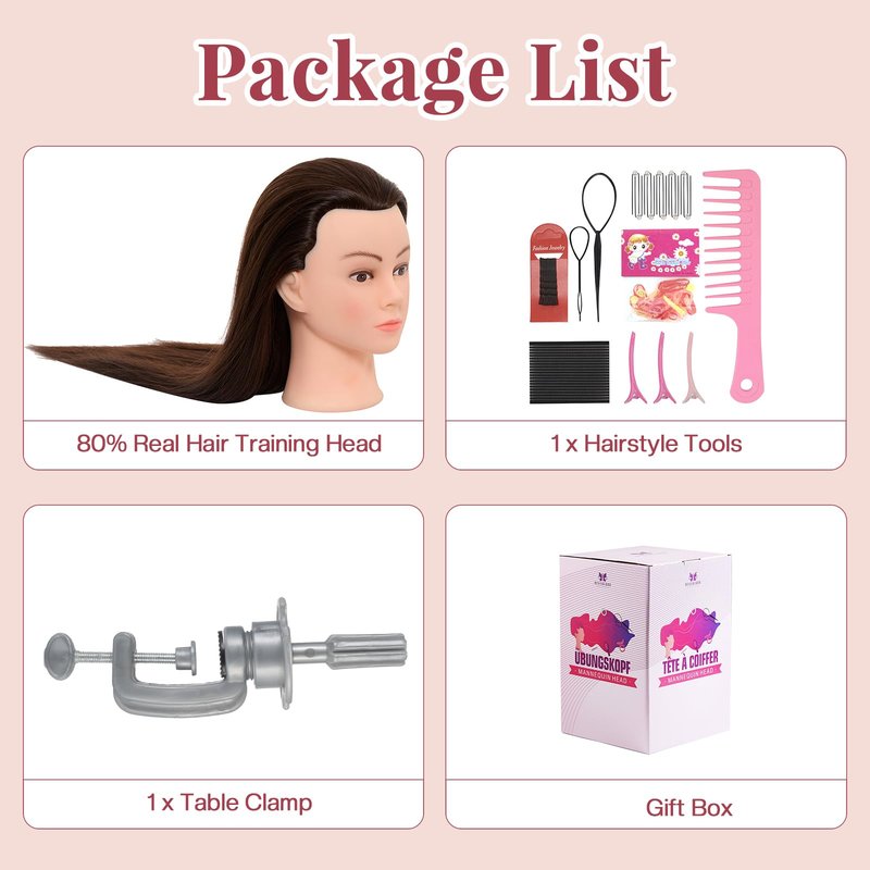 Neverland Beauty & Health 28Inch 60% Real Hair Mannequin Head,Doll Head for Hair Styling Braiding Curling,Cosmetology Mannequin Head with Hair with Table Clamp Hair Styling Set(Dark Brown)