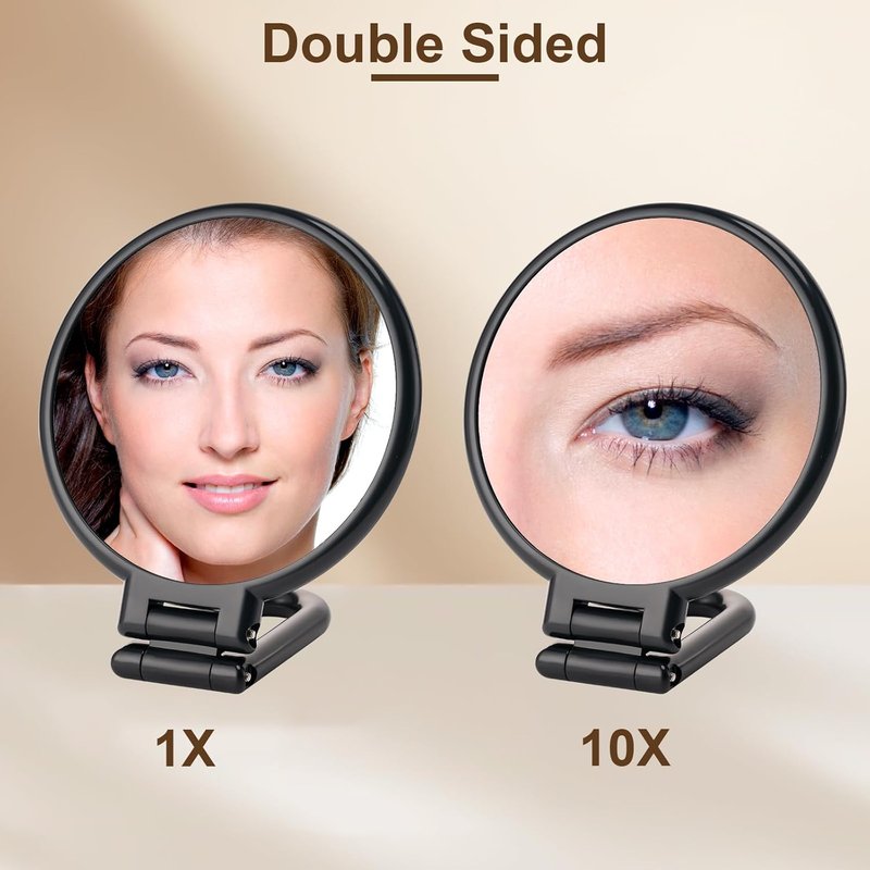 1X/10X Magnifying Handheld Mirror - Double-Sided, Foldable Travel Makeup Mirror | Adjustable Rotation, Black