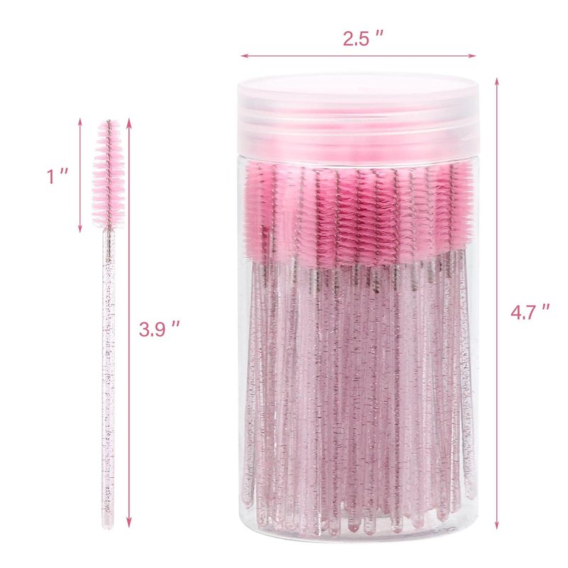 Skiennix Disposable Mascara Wands - Crystal Eyebrow Spoolies for Eyelash Extensions | 100 Pcs, Pink