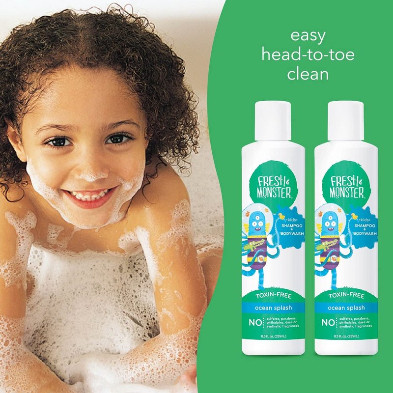 Fresh Monster 2-in-1 Natural Shampoo & Body Wash for Kids - Toxin-Free, Hypoallergenic, Ocean Splash | 2 Pack (8.5oz Each)