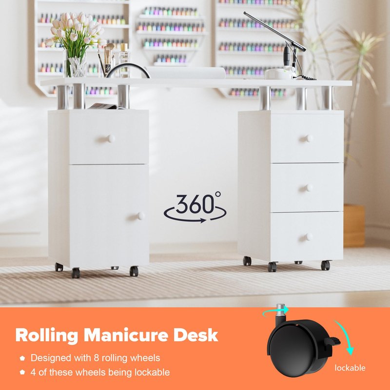 Lavoker 47 Inch Manicure Table Nail Station Desk for Nail Tech with Drawers/Wrist Pad/Lockable Wheels Salon Spa Beauty Bar Technician, White