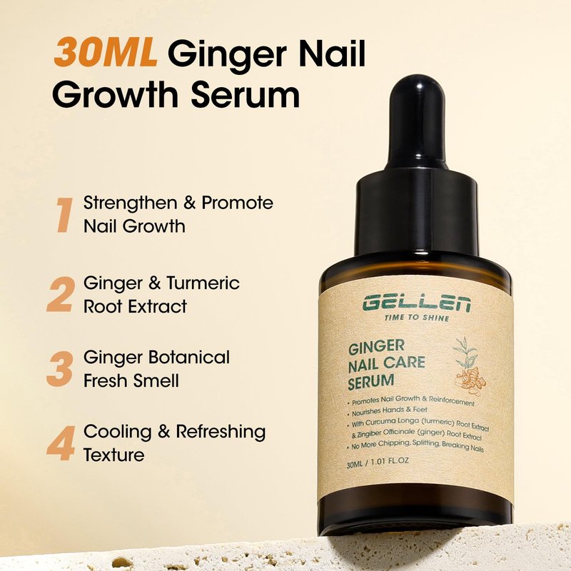 Gellen 7-14 Days Ginger Nail Growth Serum for Nail Strengthener and Growth, Nail Repair Treatment for Weak Brittle Splitting Damaged Nails, Hydrated & Nourished Nail Care Solution for Hands & Feet