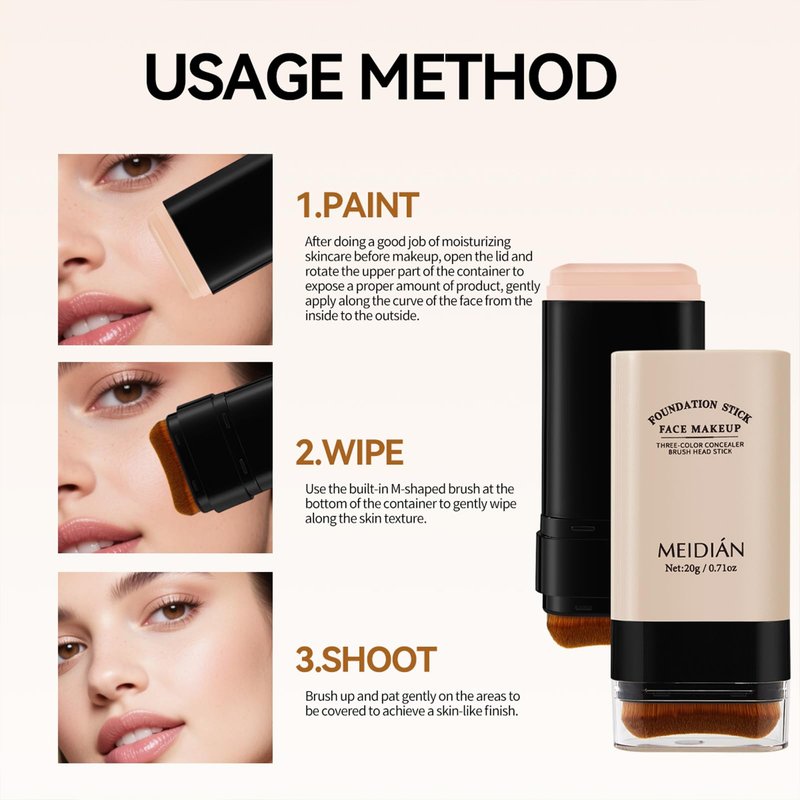 Foundation Stick 2 in 1 Dual-Ended Concealer Stick Soft & Lightweight, Face Contouring foundation with Brush Skin-Friendly, Evens Tone for a Smooth, Delicate Makeup Look 01Natural Color
