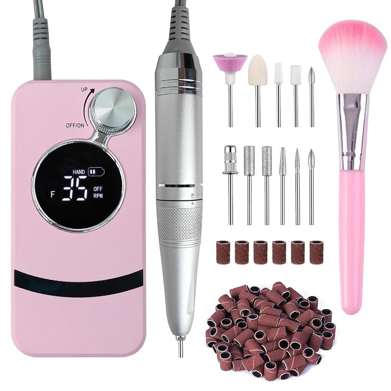 Electric Nail Drill - 35000RPM Cordless Pink Nail File for Acrylic & Gel Polish | Portable Rechargeable Manicure Kit