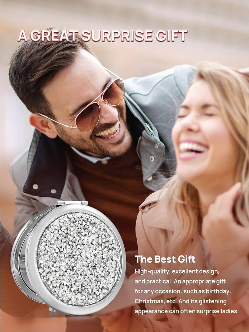 OMIRO 1X/10X Magnifying Compact Mirror,Gift for Women Small Unique Get Well Soon Gift for Her Girlfriend Wife Mom Best Friend Sister Coworker (Silver, Mixed Diamon)