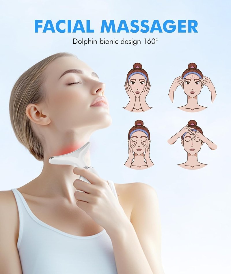 Red Light Therapy Face Massager - 7 Color Vibrating Tool for Wrinkles & Double Chin | Glossy White
