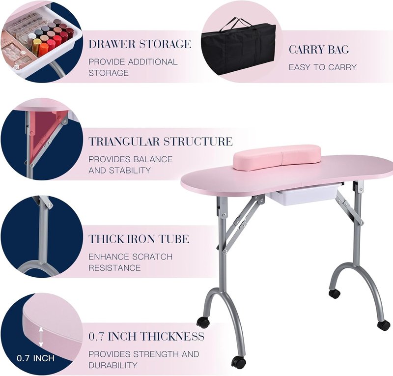 Joligrace Professional Foldable & Portable Manicure Table Nail Technician Desk Workstation 4 Lockable Wheels with Drawer Client Wrist Pad Free Carrying Bag Travel Nail Tech Spa Beauty Table Pink