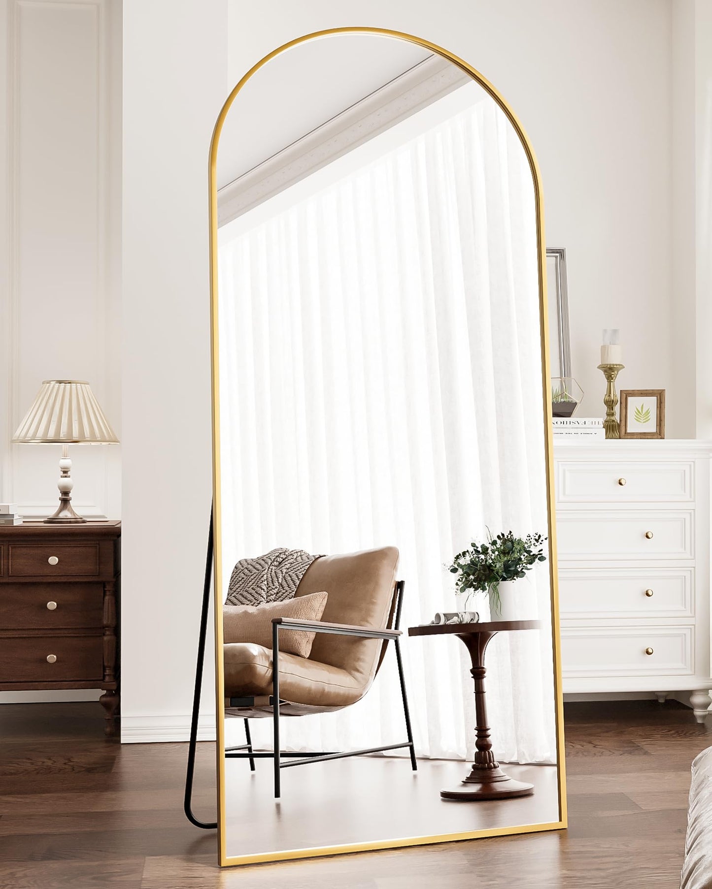 ZMYCZ Floor Length Mirror, 81"x41" Arch Full Length Mirrors Full Length Hanging or Leaning with Stand, Wall Mounted Mirrors, Arched-Top Body Mirror with Aluminum Frame for Bedroom (Gold)