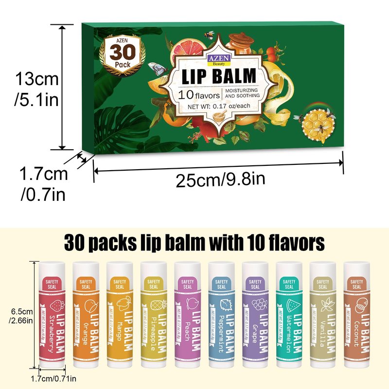 AZEN 30 Pack Lip Balm, Natural Lip Balm Bulk, Lip Care Product, Moisturizing Lip Balms for dry cracked lips, Mothers Day Gifts Easter Basket Stuffers - 10 Flavors