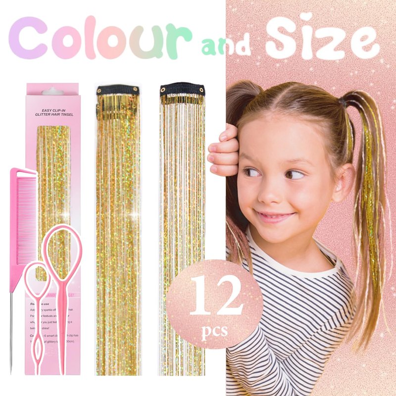 Hair Tinsel Clip in Gold Fairy Hair Tinsel Kit, 12 Pcs 24 Inch Glitter Clip in Hair Extensions for Girls Women Kids Christmas New Year Festival Party (Gold)