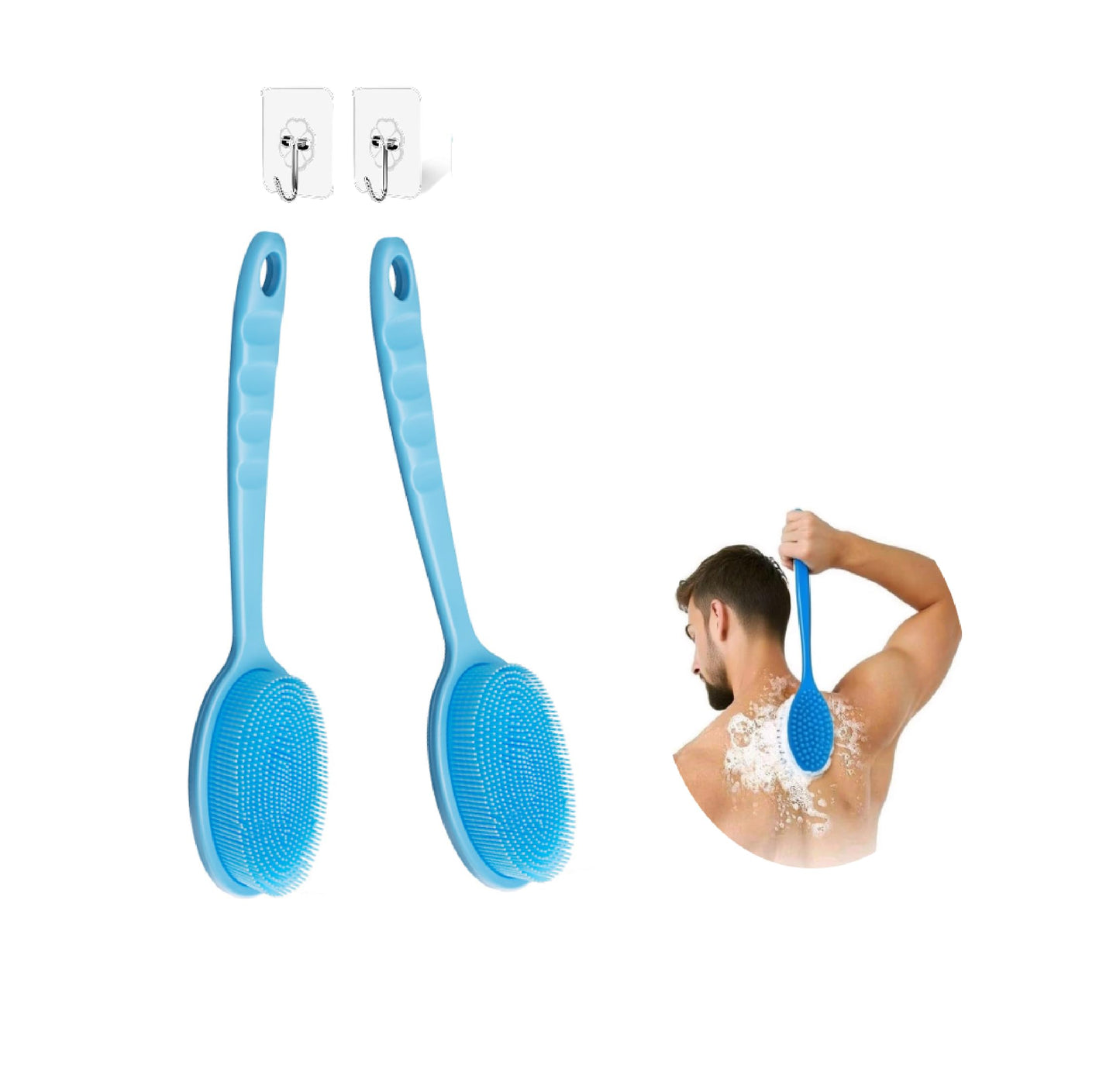 12.5inch Silicone Back Scrubber for Shower 2pcs（Blue）,Exfoliating Shower Brush,Double Sided for Exfoliating and Massage，Long Handle Back Scrubber for Men and Women(2 Brushes)