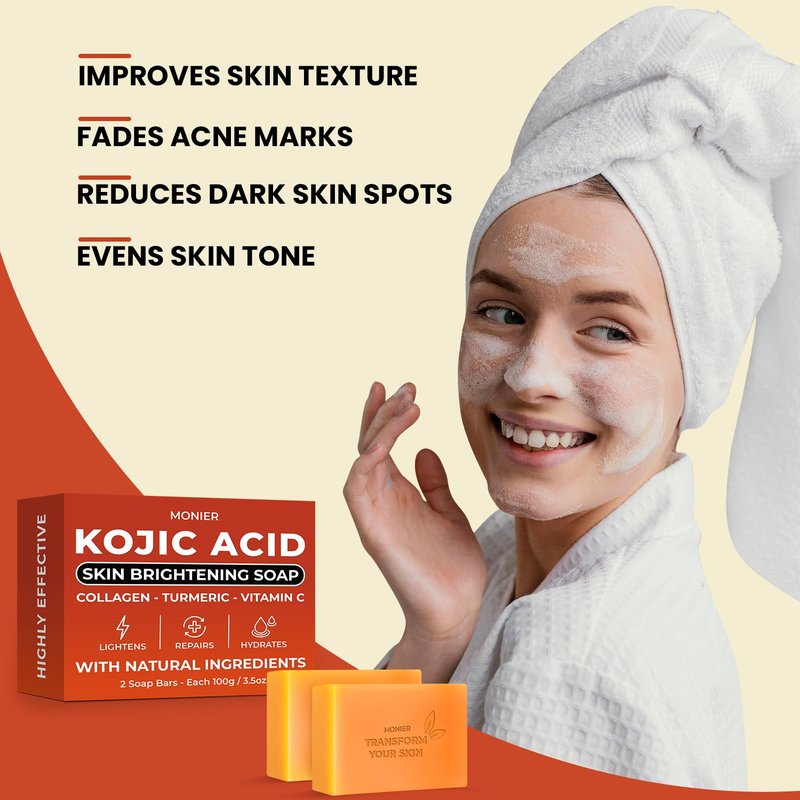 MONIER Kojic Acid Soap - Dark Spot Remover Soap Bars - with Collagen, Turmeric, Coconut Oil, Vitamin C, Vitamin E - Moisturizing & Nourishing - Original Japanese Complex