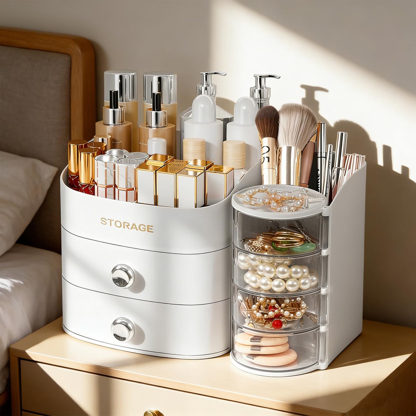 XIAPIA Makeup Organizer Countertop, Make Up Organizer for Vanity, Skincare & Cosmetic Organizers with Drawers, Bathroom Organizers Storage for Brush Holder|Lipstick|Jewelry, Ideal Gift for Women WHITE