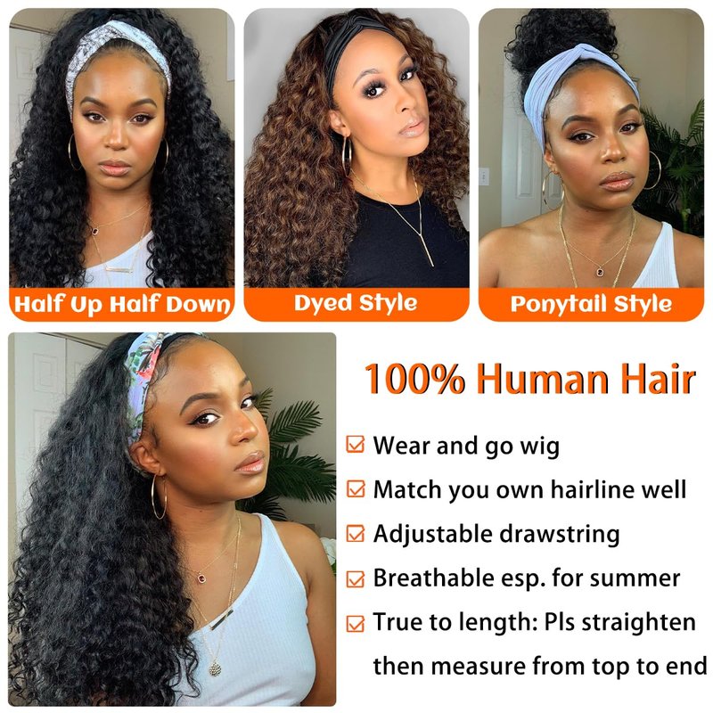 Fardoen 200 Density Headband Wig Human Hair Glueless Wigs Curly Wig Human Hair Deep Wave Wig for Black Women 20 Inch Wear And Go Beginner Friendly Natural Black Brazilian Virgin Hair