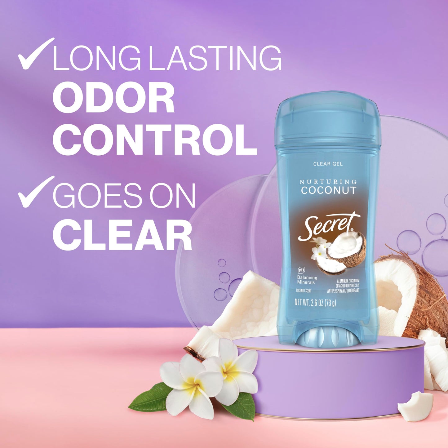 Secret Fresh Antiperspirant Deodorant for Women, 72hr Breathable Sweat & Odor Protection, Instant Freshness & Gentle, PH Balancing Minerals, Clear Gel, Nurturing Coconut Scent, 2.6 oz (Pack of 2)